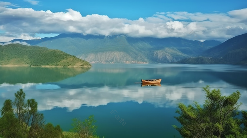 篮绿色湖面小船湖光天色山水风景背景,高清,摄影图,摄影图片,图片大全,摄影图免费下载